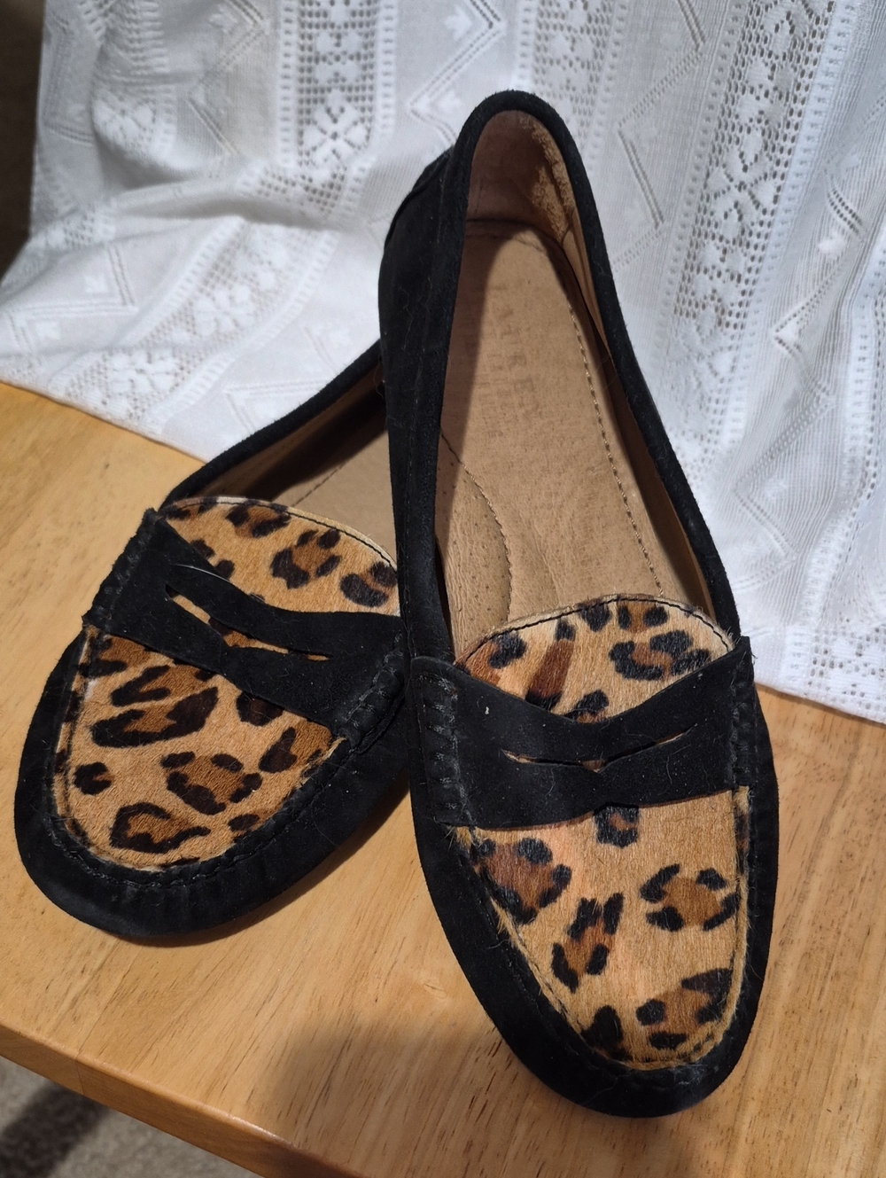 Ralph Lauren Women’s Black Suade/Calf Hair Loafers with Leopard Print Accent